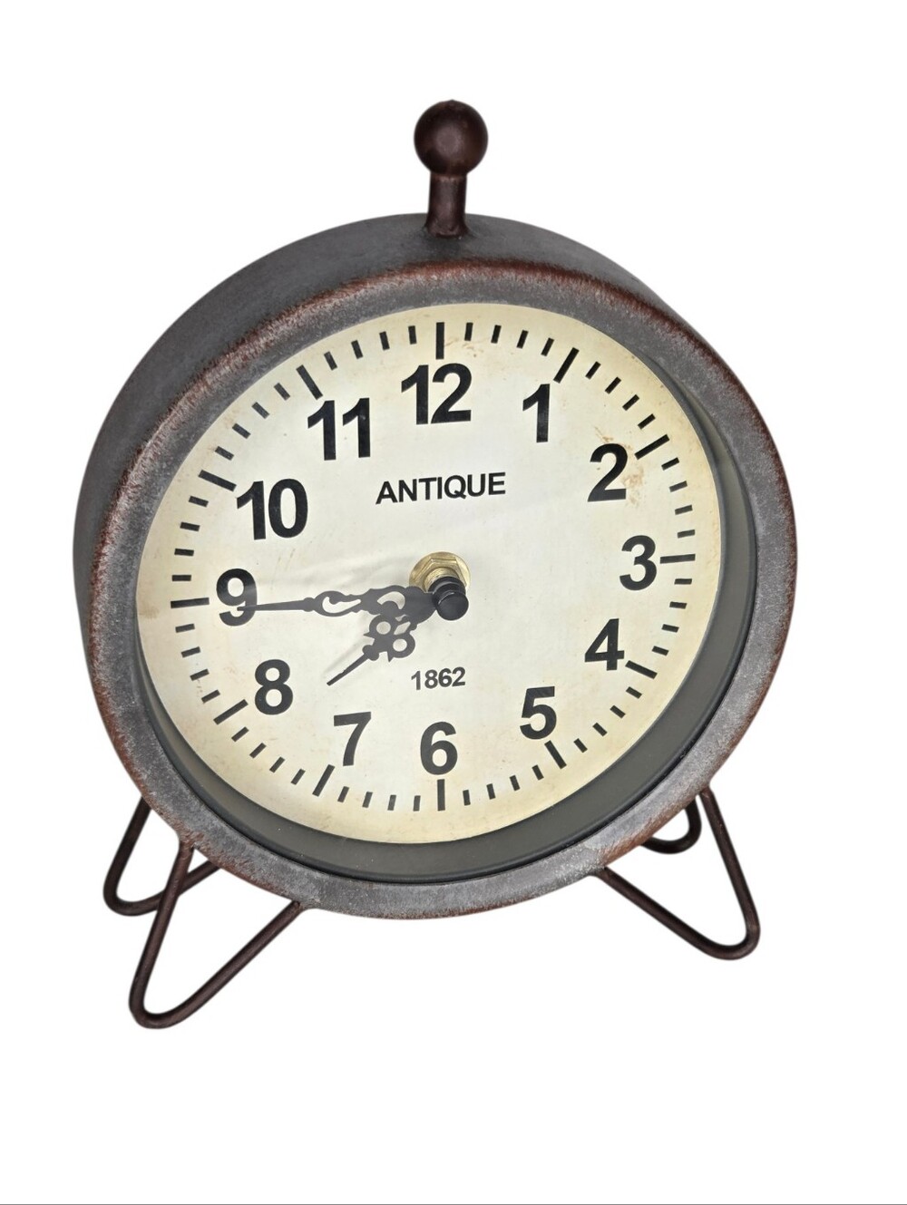 Antique Round Tabletop Silver Galvanized Metal Mantel Clock Farmhouse Rustic